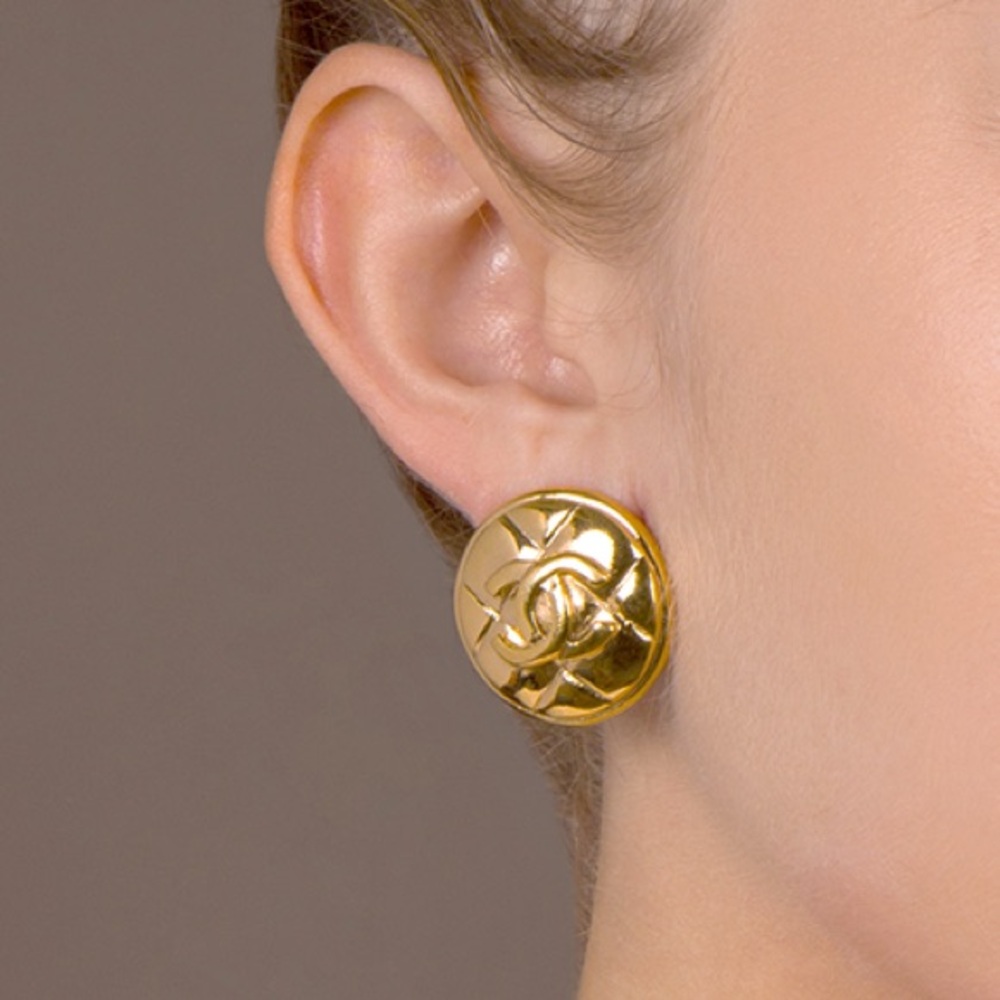 Gold quilted Chanel button earrings